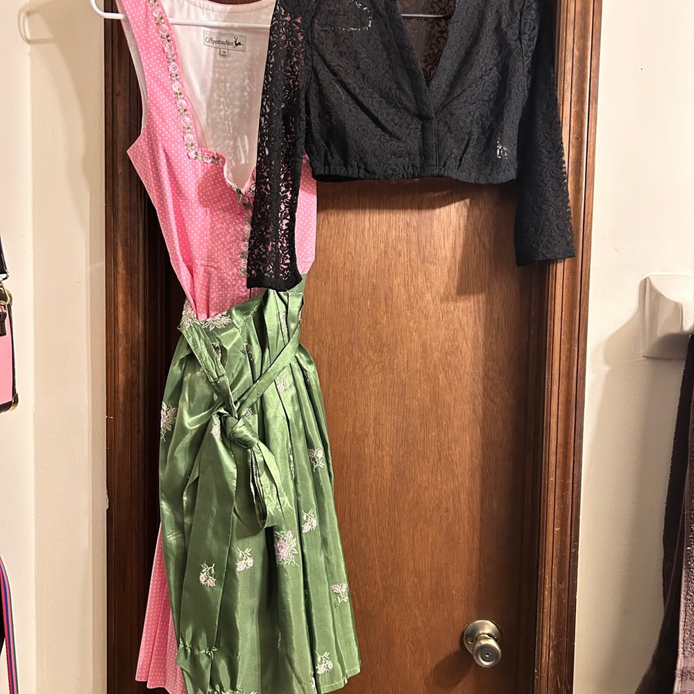 Pink and Green dirndl with black dirndl blouse